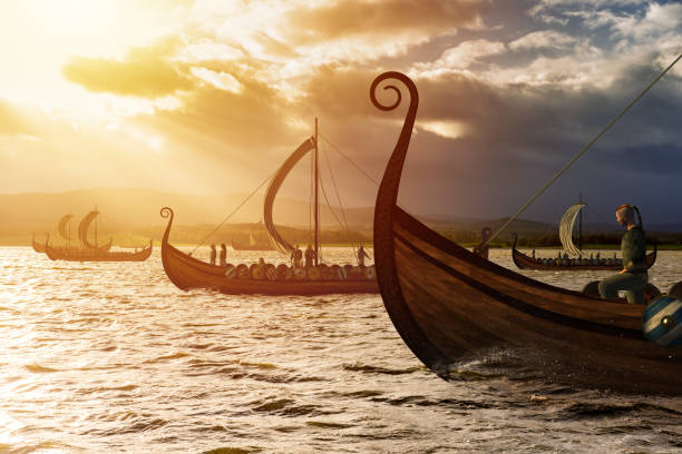 Viking ships on the water under the sunlight and dark storm. Invasion in the storm.