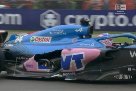 Picture of hole in the side of Alonso s car.