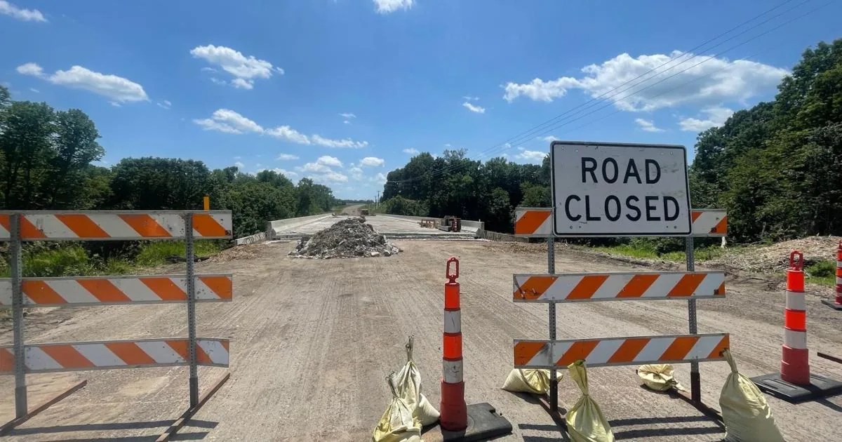 Construction barriers and roadway work on Highway 22 near Mankato