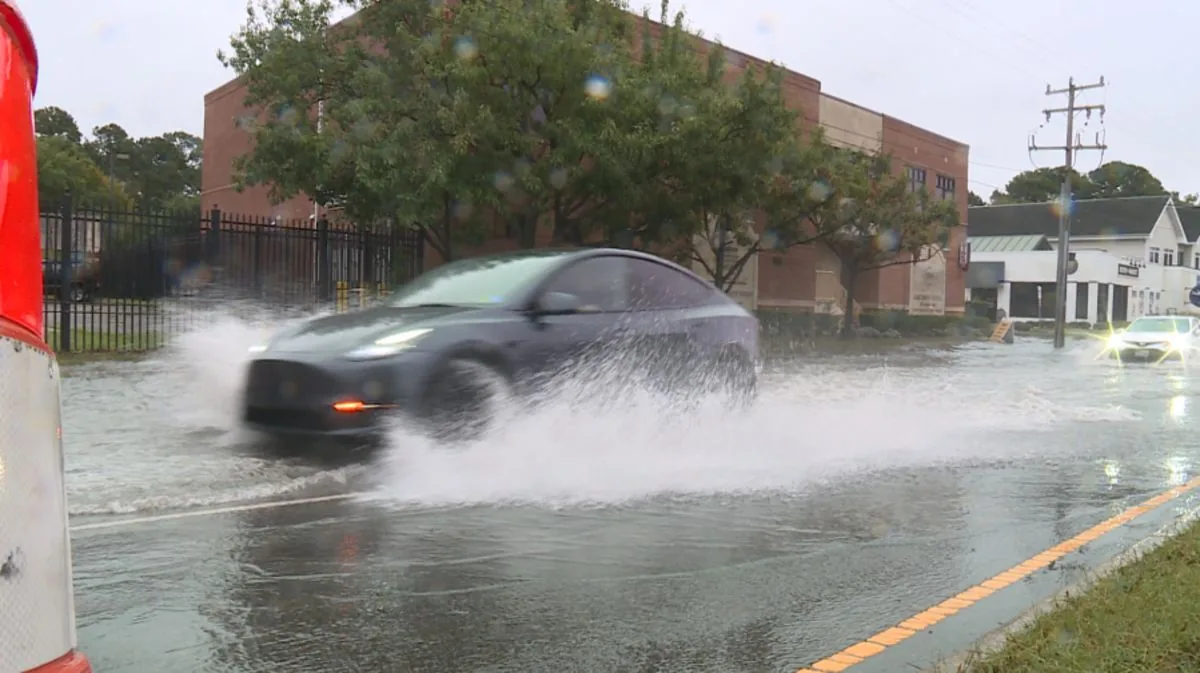 Floodwater covers a roadway on Hatteras Island during a coastal storm