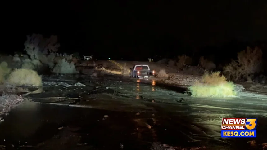 Flooding Closes Dillon Road at Avenue 44 in Indio Hills After a Vehicle Gets Stuck on a Wash, Keeping the Route Shut Down Tuesday Morning